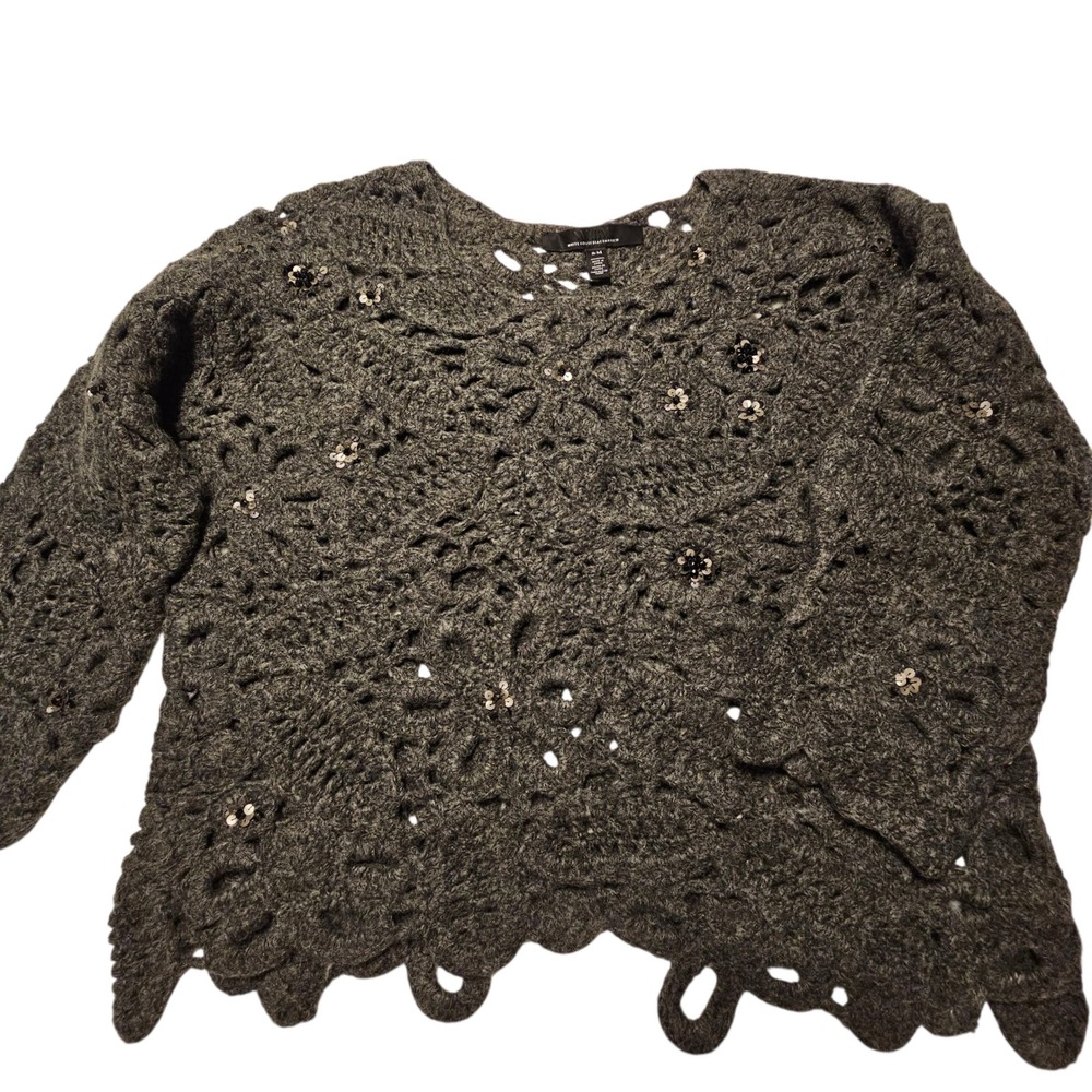 White House‎ Black Market Gray Crochet Embellished Sequins Sweater S/M